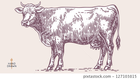 Cow, bull, beef. Retro style beef bull sketch, vintage cow drawing black white, old ink pencil artwork. Bull silhouette, side view cow profile, engraved beef print. Vector Illustration 127103815