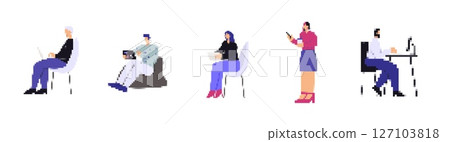 Mosaic pixel art style icons depicting people engaged in various computer related activities 127103818