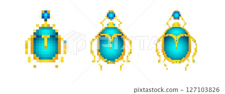 Mosaic pixel art style blue beetle icon with retro sprite features and bright golden accents 127103826