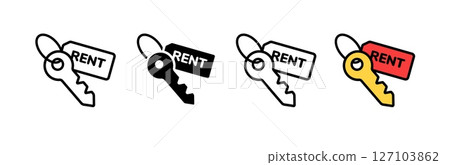 Icon of key with rent tag in different color and outline variations for easy identification 127103862