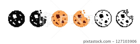 Mosaic pixel art cookies with various bite stages in playful cartoon style Mosaic pixel art cookies with various bite stages in playful cartoon style 127103906