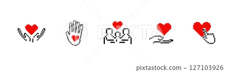 Mosaic pixel hearts with hands and symbols in retro art style Mosaic pixel hearts with hands and symbols in retro art style 127103926