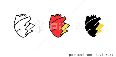 Heart with bold lightning bolt motif in three color variations explores dynamic energy Heart with bold lightning bolt motif in three color variations explores dynamic energy 127103954