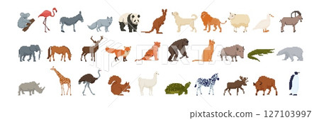 Pixel art animals in a lineup featuring diverse wildlife exhibit 127103997