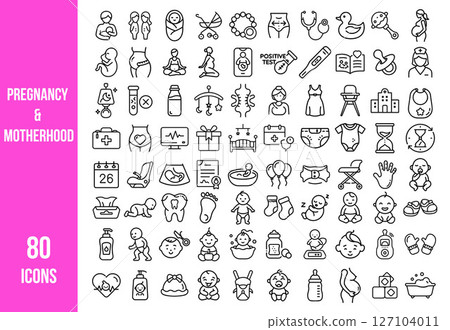 A comprehensive set of 80 line icons representing pregnancy, baby care, parenting, and maternal health in a modern flat style.  127104011
