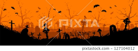 Spooky graveyard with bare trees and flying bats at dusk in pixel art style illustration 127104012