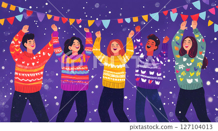 A diverse group of friends celebrate happily in a vibrant illustration. Cheerful scene with festive decorations and garlands. They wear cozy sweaters. This is AI-generated item 127104013