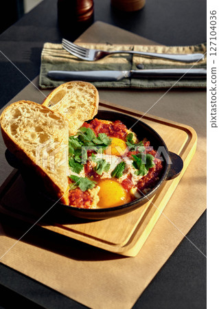 Shakshuka with coriander and mint served with bread in a black pan on a wooden board 127104036