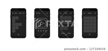 Mobile interface with photo gallery icons displayed on smartphone screens Mobile interface with photo gallery icons displayed on smartphone screens 127104038