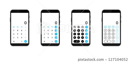 Smartphone calculator apps displaying different interface button arrangements side by side Smartphone calculator apps displaying different interface button arrangements side by side 127104052