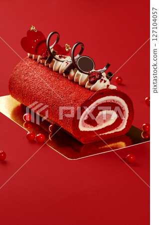 Red velvet roll cake decorated with chocolate hearts and currants for valentine's day 127104057