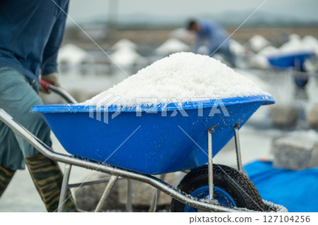 Man pull cart load with sea salt at mineral site in Hon Knoi village Vietnam, export and production 127104256