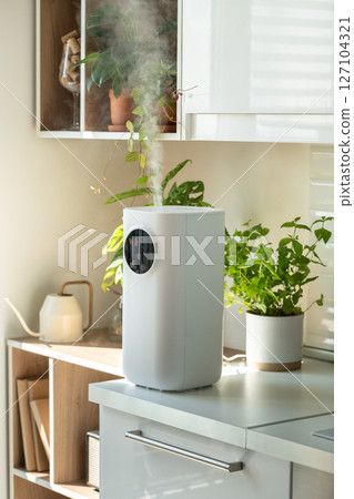 Modern humidifier at home, moistens dry air surrounded by indoor plant. Humidification concept Modern humidifier at home, moistens dry air surrounded by indoor plant. Humidification concept 127104321