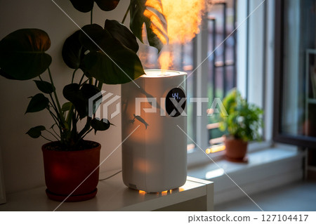 Modern humidifier at home, moistens dry air surrounded by indoor plant. Apartment with moisturizer.  127104417