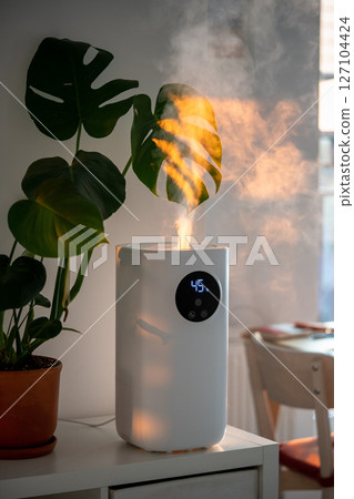 Modern humidifier at home, moistens dry air surrounded by indoor plant. Apartment with moisturizer. Modern humidifier at home, moistens dry air surrounded by indoor plant. Apartment with moisturizer. 127104424