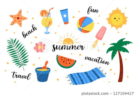 Summer clipart set. Vector illustration collection of cute elements like sun, palm tree, beach items and watermelon. Summer vacation, travel design 127104427