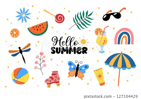 Hello Summer vector set, clipart, graphic elements. Illustration collection of cute objects like cocktail, sun, butterfly, beach items and watermelon. Summertime vacation, travel design. 127104429