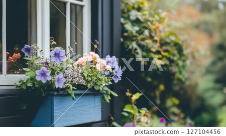 Blooming window box showcasing cottagecore rustic charm in a farmhouse setting surrounded by lush greenery 127104456