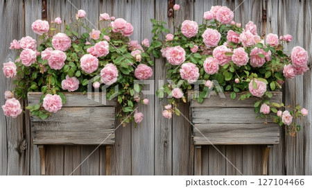 Blooming window boxes in rustic cottagecore setting with pink roses showcasing farmhouse charm and shabby aesthetics Blooming window boxes in rustic cottagecore setting with pink roses showcasing farmhouse charm and shabby aesthetics 127104466