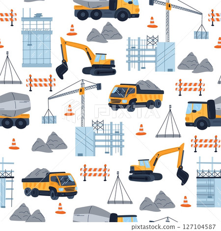 Building construction seamless pattern. Industrial equipment. Excavators and cargo trucks. Repeated print. Cement mixers. Bulldozers and crane loaders. Unfinished house. Vector background 127104587