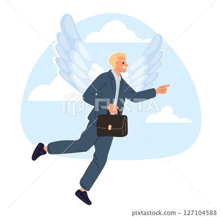 Businessman investor with feather wings. Business angel. Investment support. Man flying in sky. Guardian for entrepreneur. Successful startup. Professional leadership. Vector concept 127104588