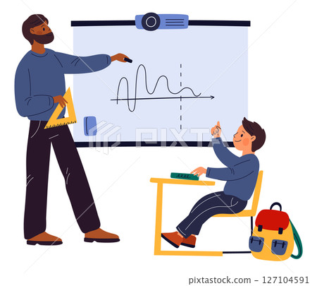 Cartoon school teacher. Math lesson mentor. Lecturer explaining algebra at whiteboard. Student in classroom. Schoolchild sitting at desk. People teach physics and chemistry. Vector concept Cartoon school teacher. Math lesson mentor. Lecturer explaining algebra at whiteboard. Student in classroom. Schoolchild sitting at desk. People teach physics and chemistry. Vector concept 127104591