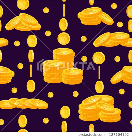 Gold coins stacked in stacks seamless pattern. Shiny metal cash. Money heap. Repeated print. Treasure or wealth savings. Falling golden currency. Financial profit. Vector background Gold coins stacked in stacks seamless pattern. Shiny metal cash. Money heap. Repeated print. Treasure or wealth savings. Falling golden currency. Financial profit. Vector background 127104592