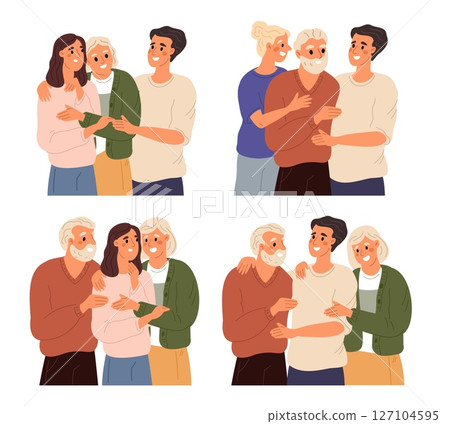 Happy adult children hugging grandparents. People loving elderly mom and dad. Retired parents together with kids and grandchildren. Generations relationship. Vector family cuddles set 127104595