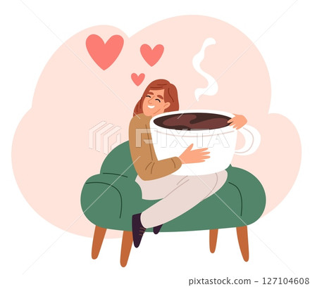 Happy girl hugs large cup of coffee. Embrace with hot drink mug. Caffeine beverage love. Cute woman sitting on cozy armchair. Hygge relaxation. Person enjoying of cappuccino. Vector concept 127104608