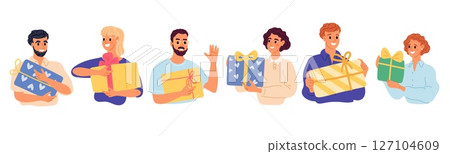 Happy men and women holding boxes with gifts in hands. Smiling people with presents. Give or receive surprise. Holiday celebrate. Birthday anniversary. Persons with giftboxes vector set 127104609