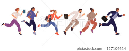 Hurried men and women late to office. People running to work. Rush businessman with briefcase. Speed run. Group fast race. Busy young managers team. Urgent time failure. Vector concept 127104614