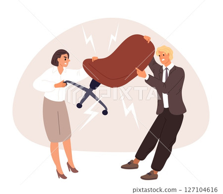 Man and woman share office chair. Conflict over workplace. People pull armchair. Employees disagreement. Workers fight and shout. Colleagues misunderstanding communication. Vector concept Man and woman share office chair. Conflict over workplace. People pull armchair. Employees disagreement. Workers fight and shout. Colleagues misunderstanding communication. Vector concept 127104616