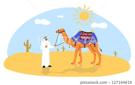 Man in light colored traditional clothes leads camel across sand in desert landscape. Male Arabian walk with animal. Bedouin caravan. Adventure travel. Sahara journey. Vector concept 127104619