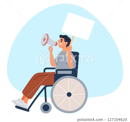 Man in wheelchair holds megaphone and poster. Active life position for people with disability. Social movement demonstration. Injured protestor picketing. Disabled guy. Vector concept Man in wheelchair holds megaphone and poster. Active life position for people with disability. Social movement demonstration. Injured protestor picketing. Disabled guy. Vector concept 127104620