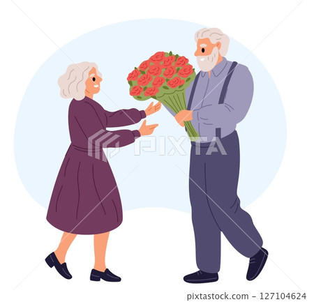 Old man gives elderly woman big bouquet of red flowers. Senior couple date. Retired boyfriend gifting roses to girlfriend. Romantic relationship. Valentine day surprise. Vector concept 127104624