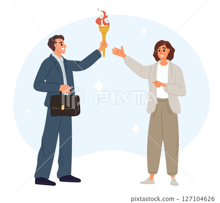 Passing leaders burning torch to newly elected chief. Competition winner. Business leadership. Flambeau combustion. People holding torchlight ignition. Challenge victory. Vector concept Passing leaders burning torch to newly elected chief. Competition winner. Business leadership. Flambeau combustion. People holding torchlight ignition. Challenge victory. Vector concept 127104626