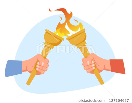 Passing Olympic torch. Lighting fire from another flambeau. Sport competition traditional ceremony. Blazing flame. Championship torchlight. Hand giving ignition stick. Vector concept Passing Olympic torch. Lighting fire from another flambeau. Sport competition traditional ceremony. Blazing flame. Championship torchlight. Hand giving ignition stick. Vector concept 127104627