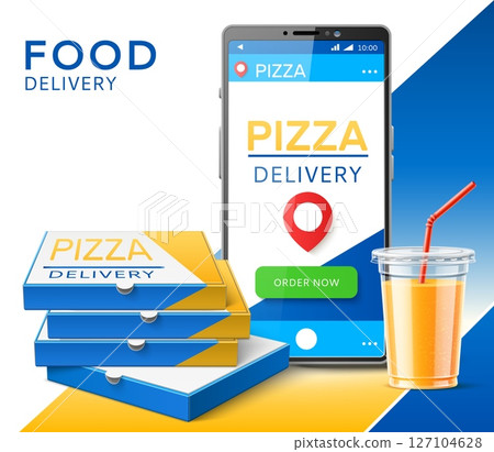 Pizza delivery. Smartphone with order button. Cardboard boxes and drink in cup. Phone screen. Logistic application. Food shipping. 3D mobile or pizzeria meal. Vector cafe banner design Pizza delivery. Smartphone with order button. Cardboard boxes and drink in cup. Phone screen. Logistic application. Food shipping. 3D mobile or pizzeria meal. Vector cafe banner design 127104628