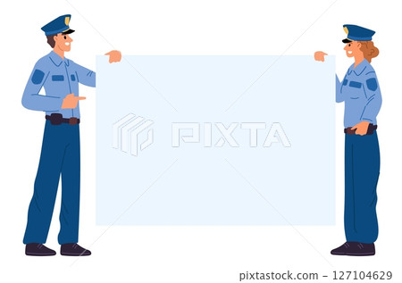 Police officers hold white blank placard in hand. Policeman in uniform standing with banner. Specialists show rectangular billboard. Man and woman presenting information. Vector concept 127104629