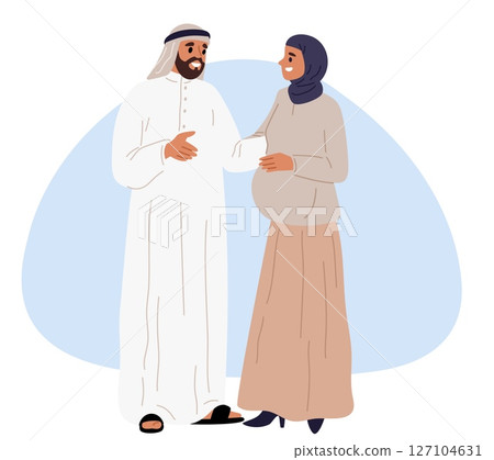 Pregnant woman in hijab. Man in traditional Muslim clothing embraces wife. Saudi family expecting childbirth. Pregnancy or parenthood. Belly mother together with father. Vector concept 127104631