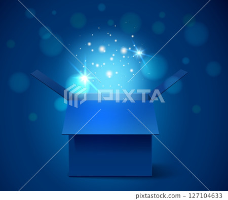 Realistic blue mystery box with highlights and sparkles on dark background. Holiday present open container. Glowing light in prize packaging. Celebration surprise. Vector 3D object 127104633
