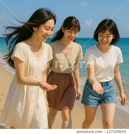 A scene was created where the three of them are walking around searching for seashells, their hair blowing in the sea breeze. 127104634