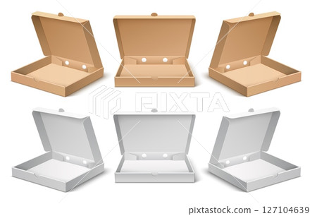 Realistic open cardboard boxes for pizza. Food package for shipping. Italian meal delivery container. Pizzeria product order. Empty packaging view angles. Vector 3D objects mockups set 127104639