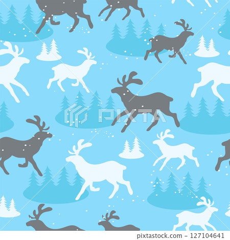 Silhouettes reindeer on background of winter snowy forest seamless pattern. Blue deer and trees. Repeated textile print. Christmas wrapping. Wild animal with horns. Vector kids wallpaper 127104641