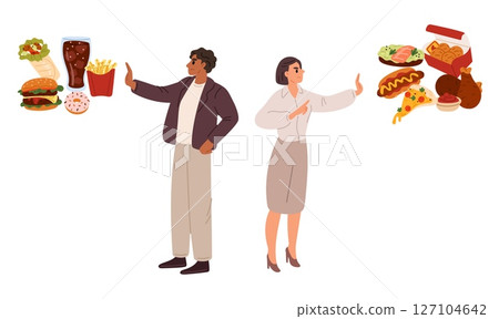 Slim man and woman say no fatty, junk food. Couple show rejection gesture to fastfood. People choose healthy nutrition. Banned burger and pizza. Meal choice. Snacks avoid. Vector concept 127104642