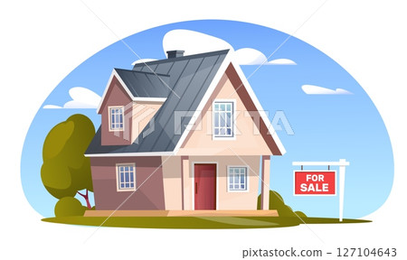 Small country house and sign with information for sale. Suburban home. Cottage in nature. Residential property. Real estate. Building with signboard. Housing mortgage. Vector concept Small country house and sign with information for sale. Suburban home. Cottage in nature. Residential property. Real estate. Building with signboard. Housing mortgage. Vector concept 127104643