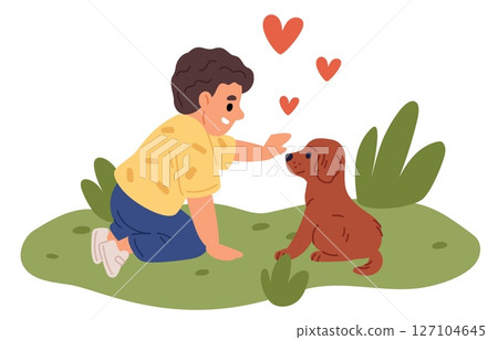 Smiling boy playing in nature with favorite puppy. Happy kid caring dog. Little pet owner. Friendship with domestic animal. Doggy adoption. Child and playful canine mammal. Vector concept 127104645