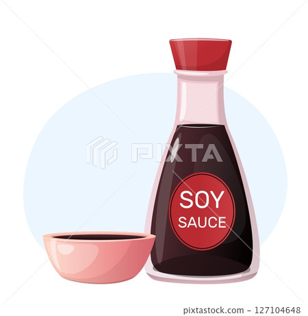 Traditional Asian soy sauce in bottle and bowl. Chinese product. Japanese seasoning. Soybean liquid. Soya delicious condiment. Food cooking. Salty taste spice. Vector kitchen ingredient 127104648