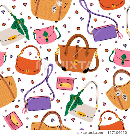 Womens bags seamless pattern. Fashionable purses and clutches. Stylish tote. Female handbags. Repeated print. Glamour shopping. Trendy wallet and elegant crossbody. Vector background Womens bags seamless pattern. Fashionable purses and clutches. Stylish tote. Female handbags. Repeated print. Glamour shopping. Trendy wallet and elegant crossbody. Vector background 127104650