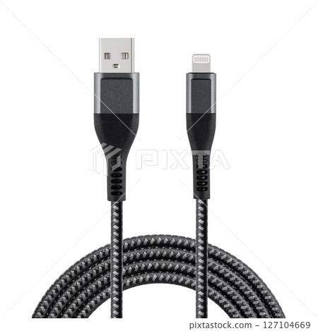 Black cable for charging and synchronization with USB and Lightning connectors on a white isolated background Black cable for charging and synchronization with USB and Lightning connectors on a white isolated background 127104669